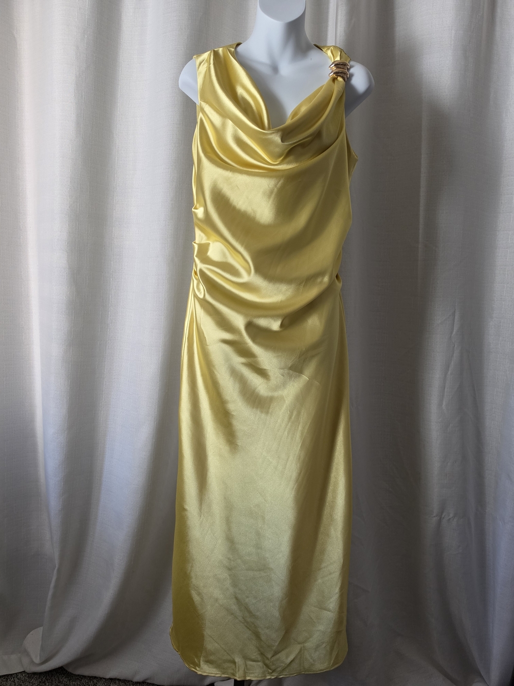 Elegant Yellow Satin Cowl Neck Maxi Dress